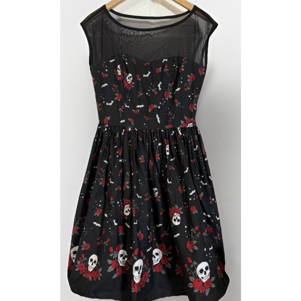 Hell Bunny Black Midi Dress with Red Rose & White Skull Pattern
